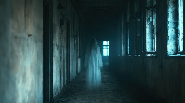 A ghostly figure in a white dress standing in a dark and abandoned hallway at night time