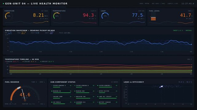 Cinematic 4K dark-mode generator health dashboard displaying real-time vibration, temperature, load, and fuel level metrics with animated visualizations and sleek design.