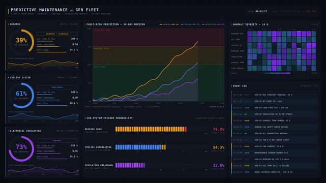 A generator maintenance dashboard visualizing predictive analytics for bearing, cooling, and electrical failures with vibrant colors and smooth animations for data insights.