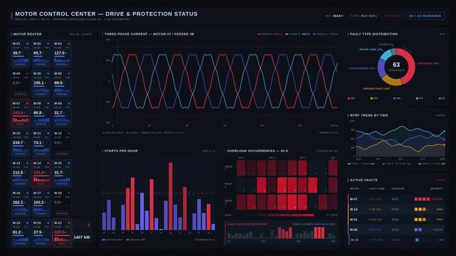 Motor control dashboard displaying current, faults, starts, and overloads with vibrant graphics and analytics for real-time monitoring of motor performance and status.