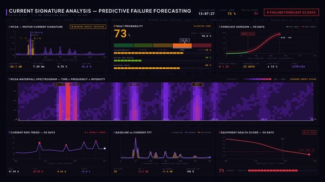 Visual representation of a power equipment dashboard focused on failure forecasting through current signature analysis, showcasing risk probabilities and health trends.