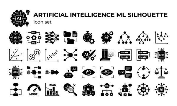 Artificial Intelligence Machine Learning Icons Silhouette Brain Neural Network Deep Learning Training Data Model 30 Icons Flat Vector