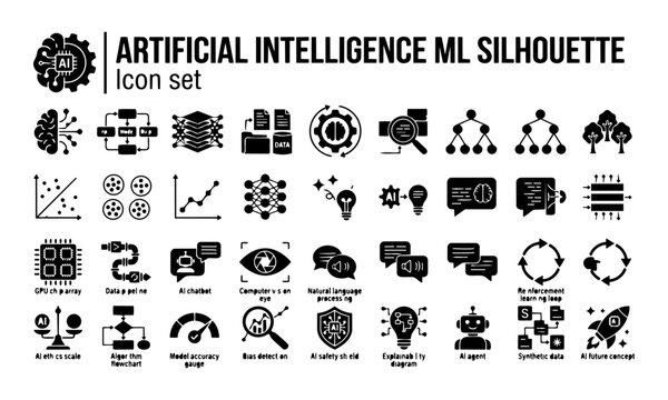 Artificial Intelligence Machine Learning Icons Silhouette Brain Neural Network Deep Learning Training Data Model 30 Icons Flat Vector
