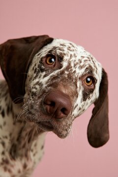 Close up portrait of a German Shorthaired Pointer dog looking up against a soft pink background