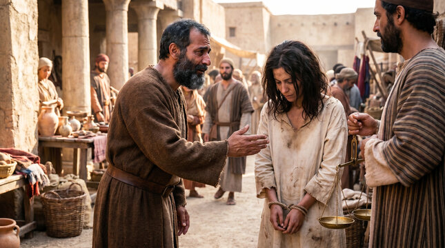 Prophet Hosea reaching out to estranged wife Gomer in ancient marketplace, redemption and reconciliation biblical scene