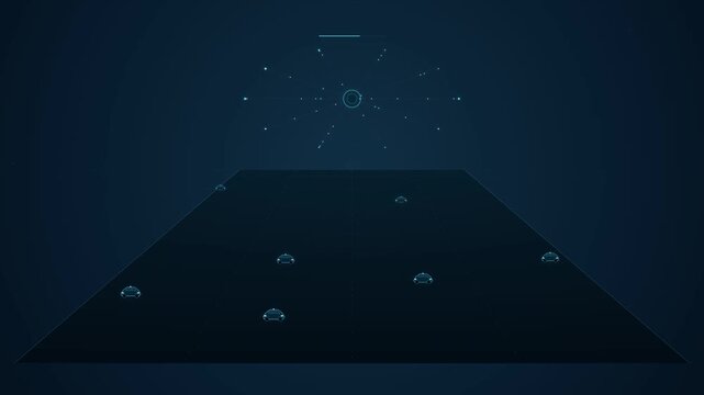 Digital autonomous vehicle traffic animation featuring blue glowing interface HUD elements