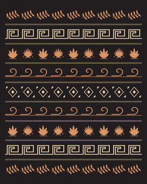 Small copper and ivory leafy branches repeat across a deep black field, creating a refined minimalist botanical texture for contemporary textiles, paper goods, and decor.