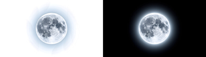 Classic full moon glowing sphere with detailed cratered surface and soft blue outer halo for space design in PNG, Transparent and Black Background Versions © Tanay