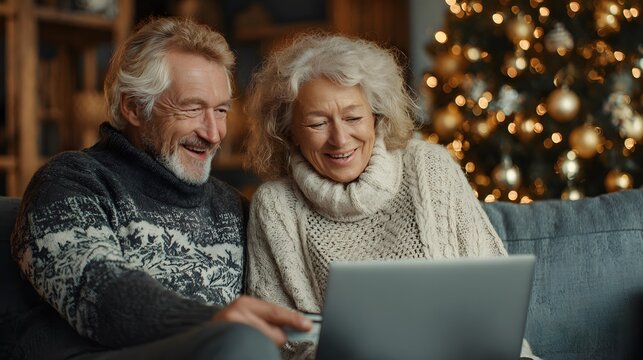 Happy senior couple shopping online for Christmas gifts on a laptop in their cozy living room