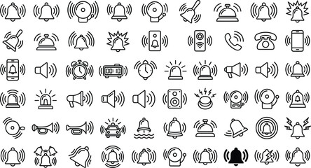 Obraz premium Alarm and notification line icon collection featuring ringing bells, sirens, telephones, speakers, alerts, reminders, sound signals, and communication notification line icon collection