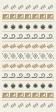 A tall composition displays varied rows of leaves, meanders, waves, diamonds, and spiky plants in earthy neutral tones, providing a versatile folk-inspired surface for print and d&eacute;cor.