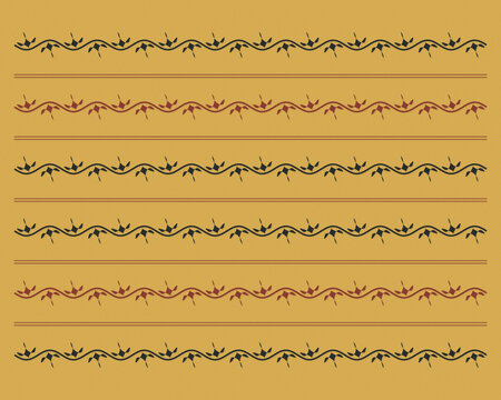 Alternating rows of flowing botanical vines create a warm bohemian surface in mustard, black, and rust, suited to wallpaper, upholstery, wrapping paper, and ethnic-inspired design.