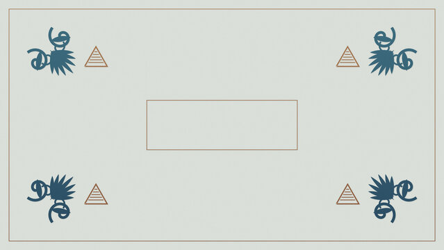 A pale rectangular composition uses mirrored blue botanical flourishes and delicate geometric accents around an open center, ideal for refined invitations, menus, or announcements.