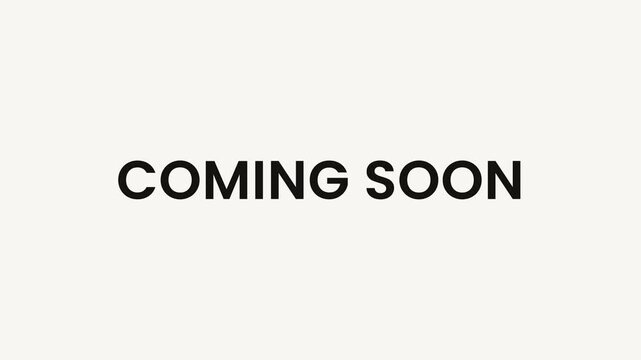 Minimal coming soon text animation with digital glitch effect on a clean white background.