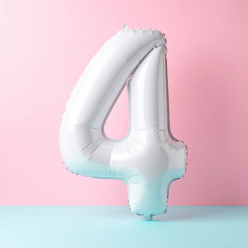 Puffy white number 4 balloon with rounded inflated shape, pale pastel background, clean festive aesthetic. Close-up.