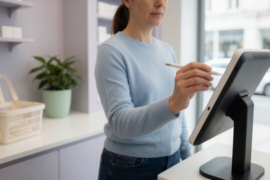 Woman interacting with a digital kiosk in a modern pharmacy setting, focusing on her hand using a stylus on the tablet screen.