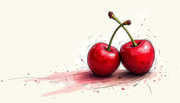 Watercolor ink sketch illustration of two ripe red cherries with stems and juice splashes on light background with copy space