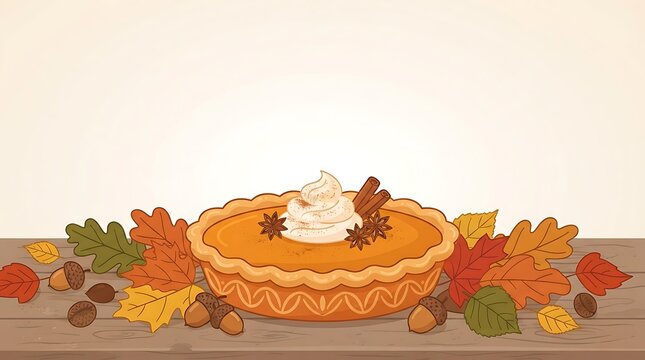 Delicious pumpkin pie with whipped cream and cinnamon sticks, surrounded by colorful autumn leaves and acorns on a rustic wooden table, perfect for fall or Thanksgiving.
