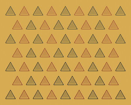 Alternating rows of outlined, horizontally striped triangles create a rhythmic geometric surface in mustard, charcoal and muted rust, suitable for modern folk-inspired design projects.