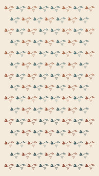 A charming repeating design of stylized flying birds and tiny berry motifs creates a calm folk-inspired look, ideal for fabric, wallpaper, stationery, and seasonal packaging.