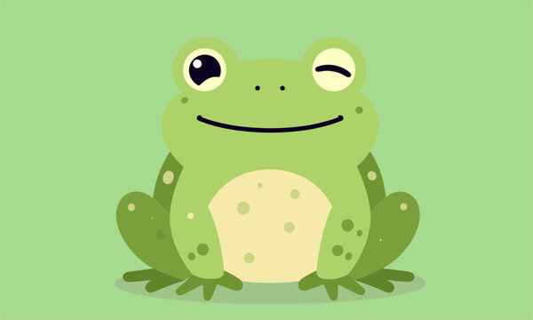 Adorable little green frog winking playfully with a cheerful smile while sitting comfortably on a solid light green background.