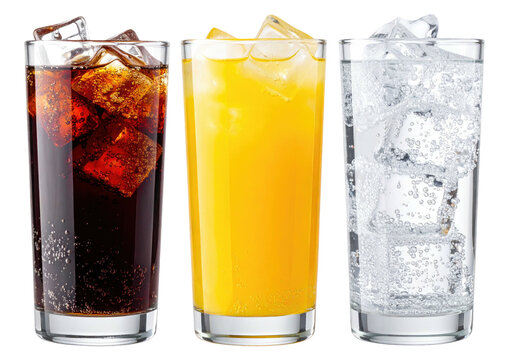 Three tall glasses filled with cola orange soda and water with lots of ice cubes for refreshment