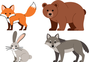 Fototapeta premium Cute Cartoon Woodland Animals Collection Featuring a Red Fox, Brown Bear, Bunny Rabbit, and Grey Wolf Standing Side Profile Vector Illustration