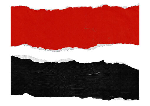 Two horizontal strips of torn red and black paper with rough edges for creative design elements