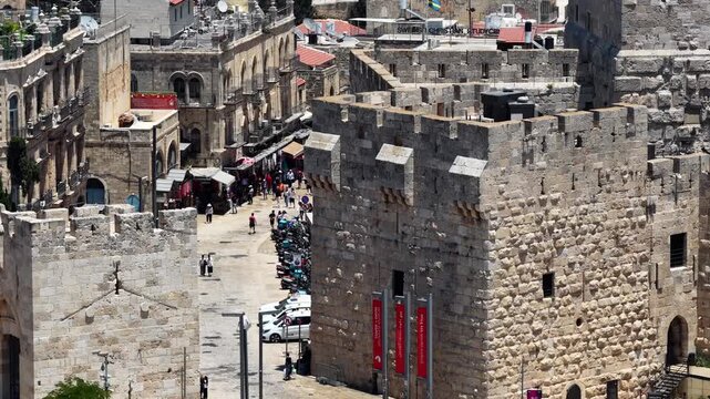 Aerial Rising View From Jaffa Gate Over Jerusalem