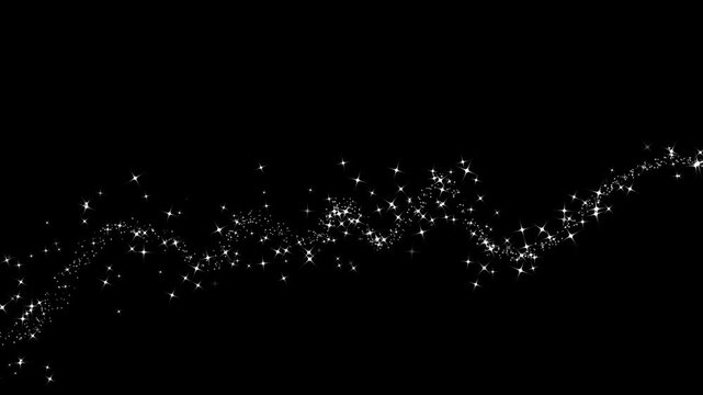 White magic glitter star sparkle trail, twinkling glitter stars line, sparkle transition effect, shining sparkle motion on black background, fairy dust transition seamless loop.4k video