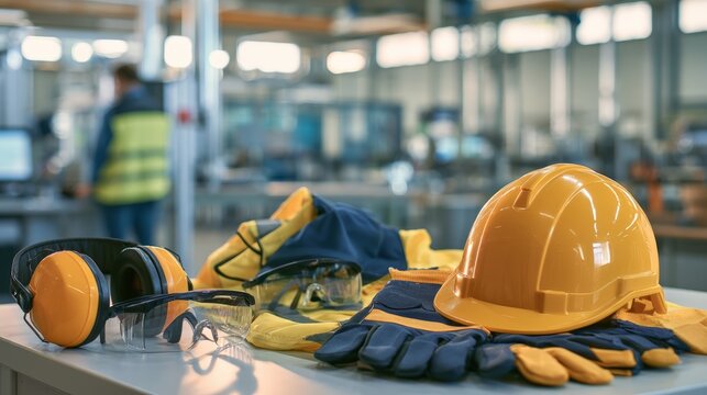 Safety equipment including yellow hard hat, gloves, goggles, and earmuffs arranged on a table in a workshop with blurred background of industrial workspace and worker in reflective vest