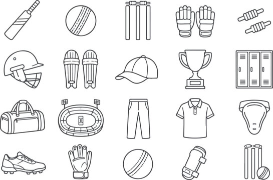 Cricket Equipment and Sports Gear Minimal Vector Icon Set