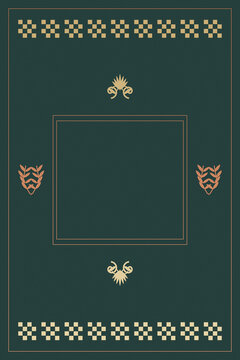 A deep teal ornamental border combines geometric bands, botanical flourishes, and centered framing for a sophisticated vintage composition with room for custom messaging.