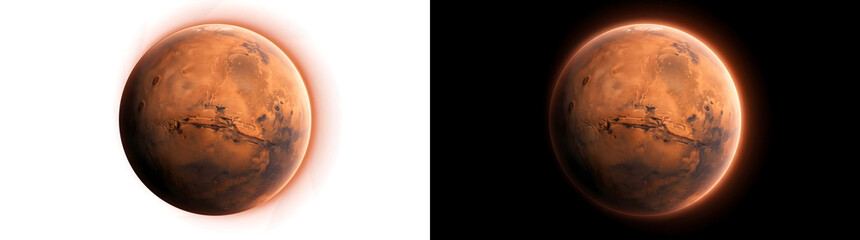 Mars red planet glowing sphere with canyon terrain and polar ice cap for space design in PNG, Transparent and Black Background Versions for projects © Tanay