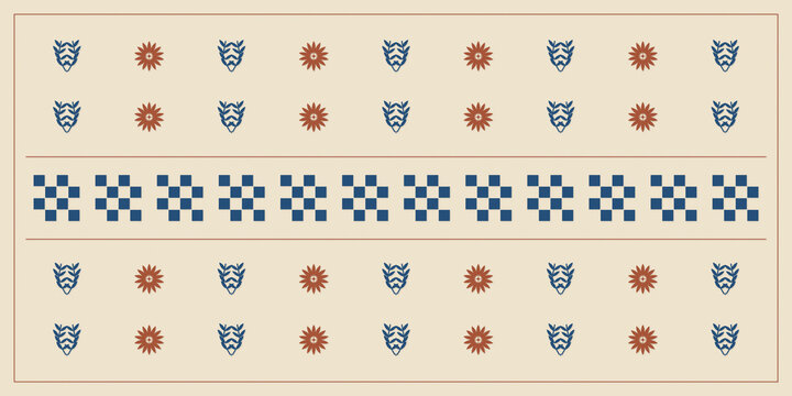 Rows of blue botanical sprigs, terracotta flowers, and checkerboard diamonds create a rhythmic cream-colored stripe design suited to contemporary textiles, wallpaper, and packaging.