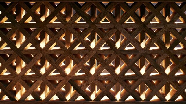 Wooden lattice trellis pattern with warm backlight glow