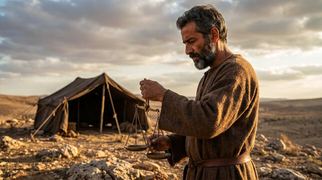 Prophet Amos in side profile on rocky hill, looking down at scales in hands, burdened expression, biblical scene
