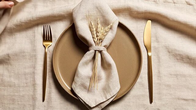Elegant Rustic Table Setting with Plate Golden Cutlery and Linen Napkin
