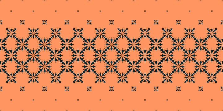 A vivid coral field supports a rhythmic black ornamental arrangement of rosettes and starbursts, delivering dramatic vintage character for textiles, wallpaper, fashion, and packaging.