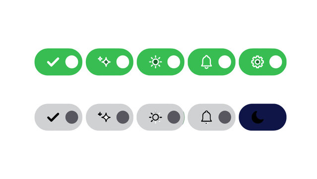 Minimal icon buttons set of five active and five inactive isolated on white background. Flat design with toggle states. Toggle icons set. Switch style buttons. Vector illustration set