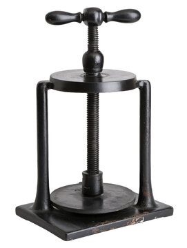This antique industrial tool features a heavy cast iron frame and a threaded handle used for applying pressure to documents or craft materials