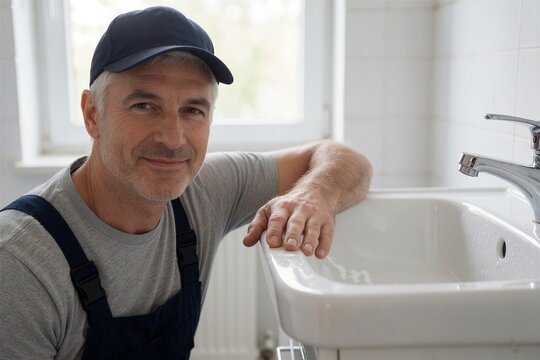 Mid-50s male plumber in a navy cap smiles while resting his hand on a white porcelain sink, showcasing completed bathroom installation work.