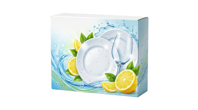 Dishwashing detergent box with clean plates, wine glass, lemons, and water splashes isolated on transparent background