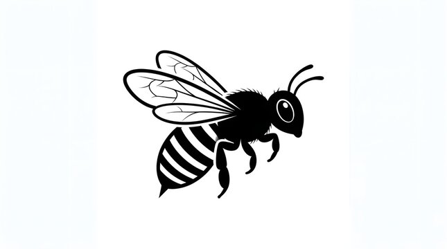 A simple black and white vector icon of a flying bee on a plain background