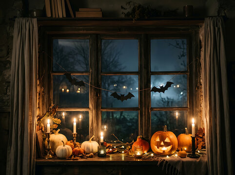 Halloween window decoration with glowing jack-o'-lantern, candles, and bats, creating a spooky and festive atmosphere for the autumn holiday