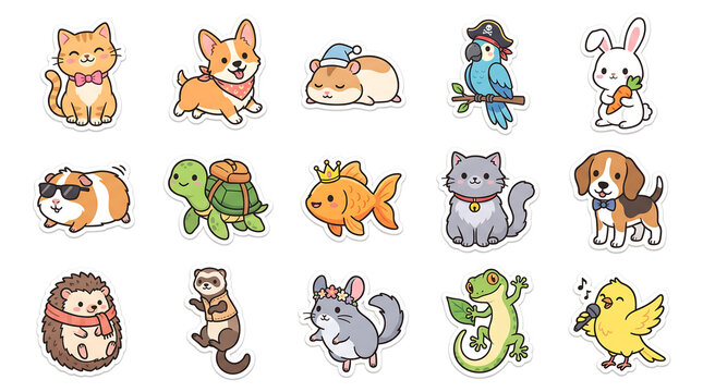 Cute kawaii pets sticker collection featuring cats dogs hamsters rabbits and birds kawaii stickers cute animals domestic animal