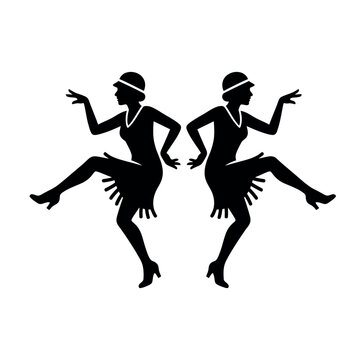Two elegant flapper dancers in silhouette performing a lively routine.