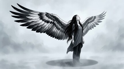 Fototapeta premium Seraphic Being: A captivating illustration depicts a solitary figure with majestic, outstretched wings, evoking a sense of ethereal beauty and spiritual elevation.