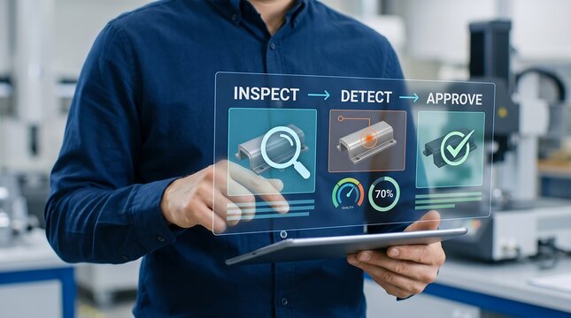 Engineer using digital tablet with augmented reality industrial quality control interface