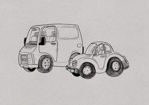 Ilustraci&oacute;n en blanco y negro de veh&iacute;culos retro, furgoneta y coche compacto